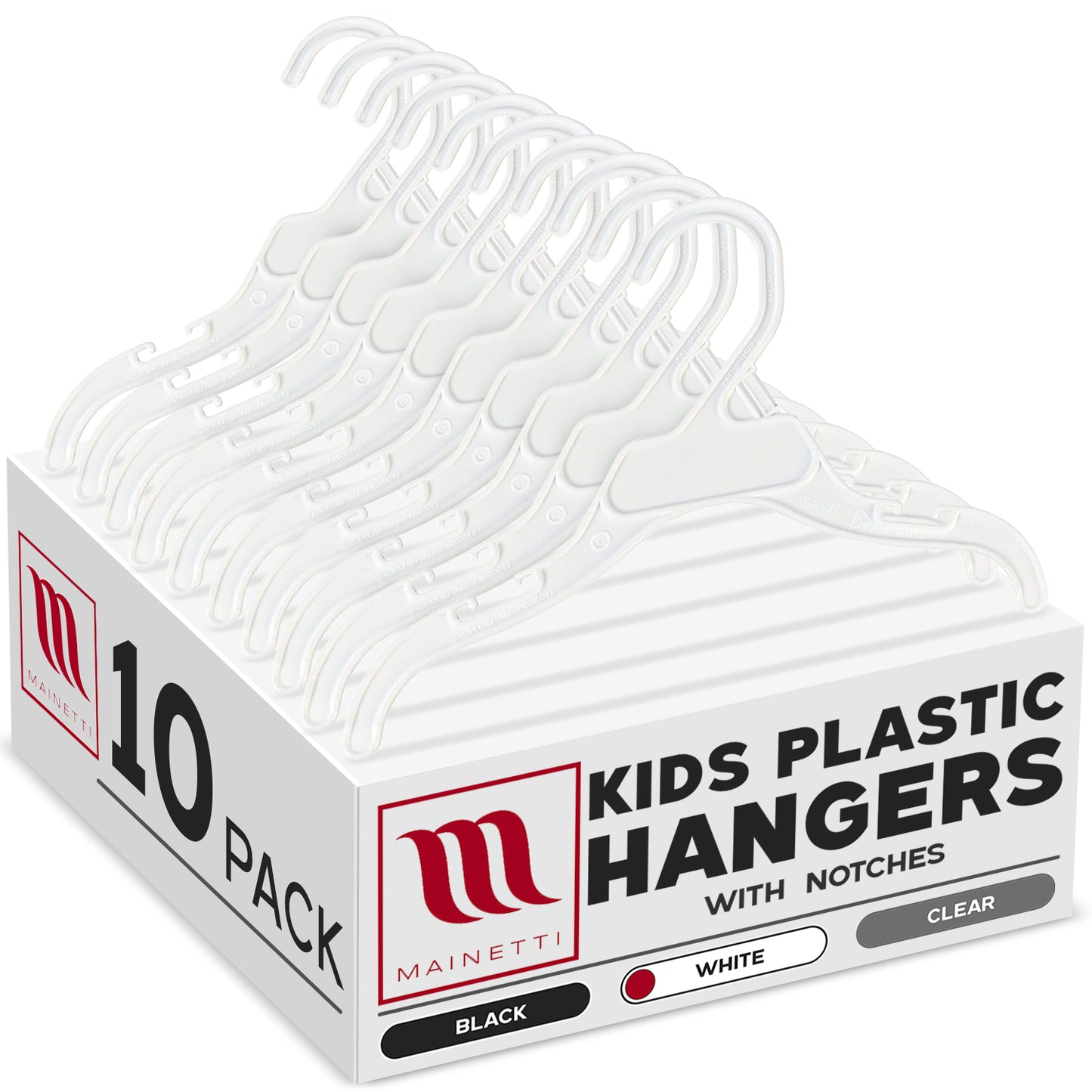 Cintres pour hauts de chemises de 10 po avec encoches pour bretelles, tout en plastique blanc (Mainetti 495)