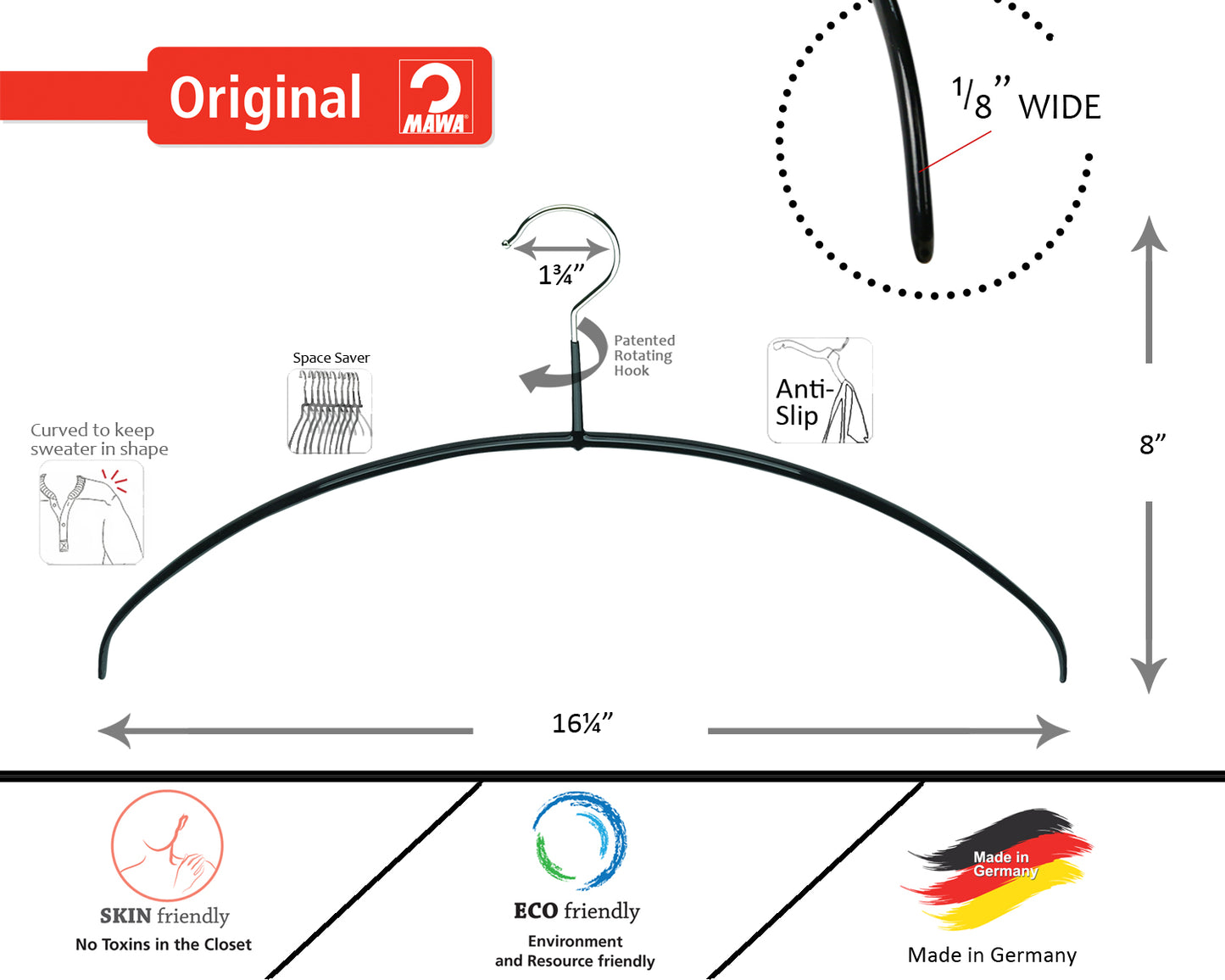 Percha superior europea ultraligera de metal antideslizante de 16 1/4"