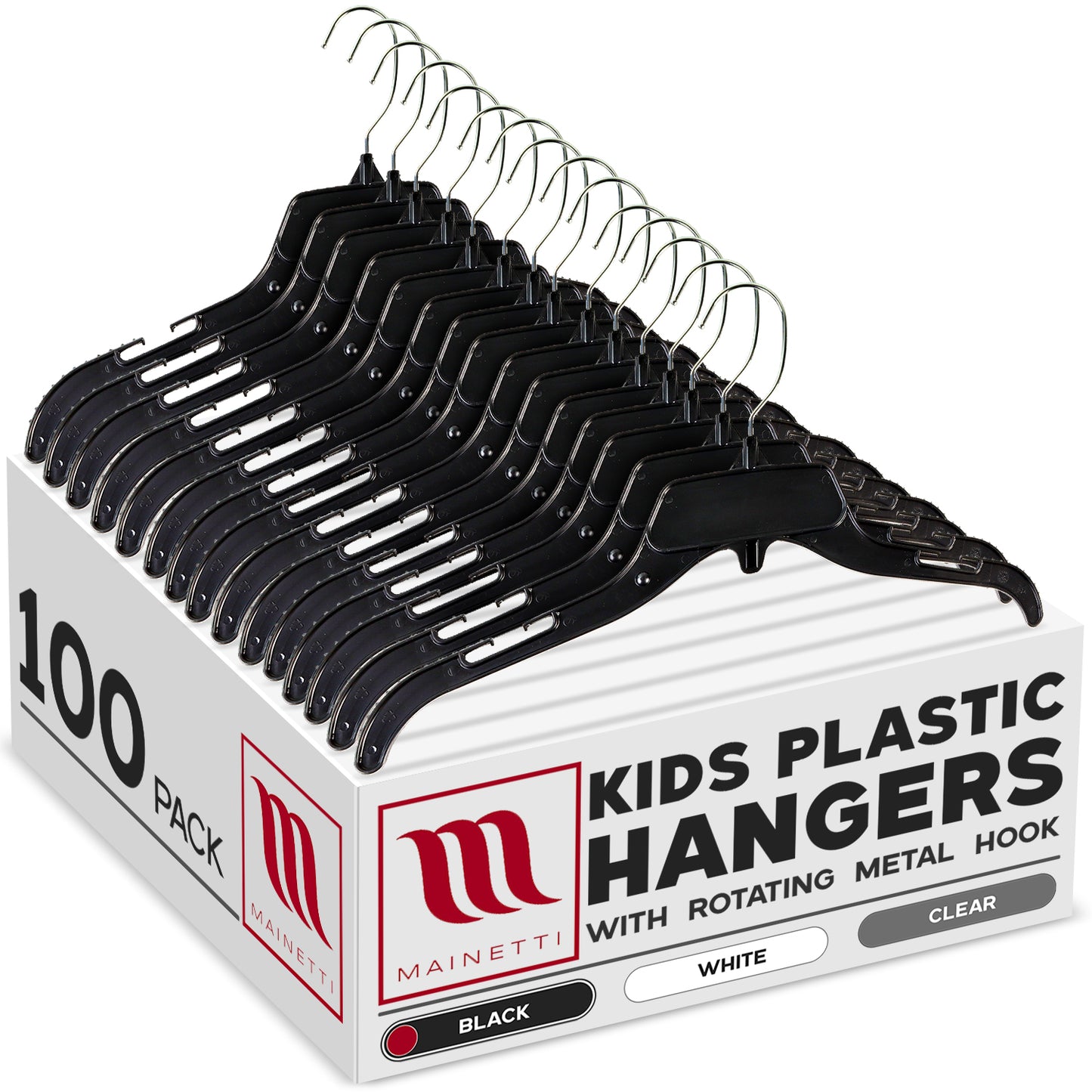 Cintres de 38 cm pour hauts et robes avec crochet en métal pivotant et encoches pour bretelles en plastique noir (Mainetti 485)
