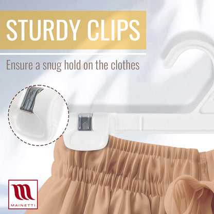 Mainetti 1001, 10" blanc tout en plastique, cintres inférieurs mous pour jupe de pantalon, avec clips antidérapants en plastique robuste