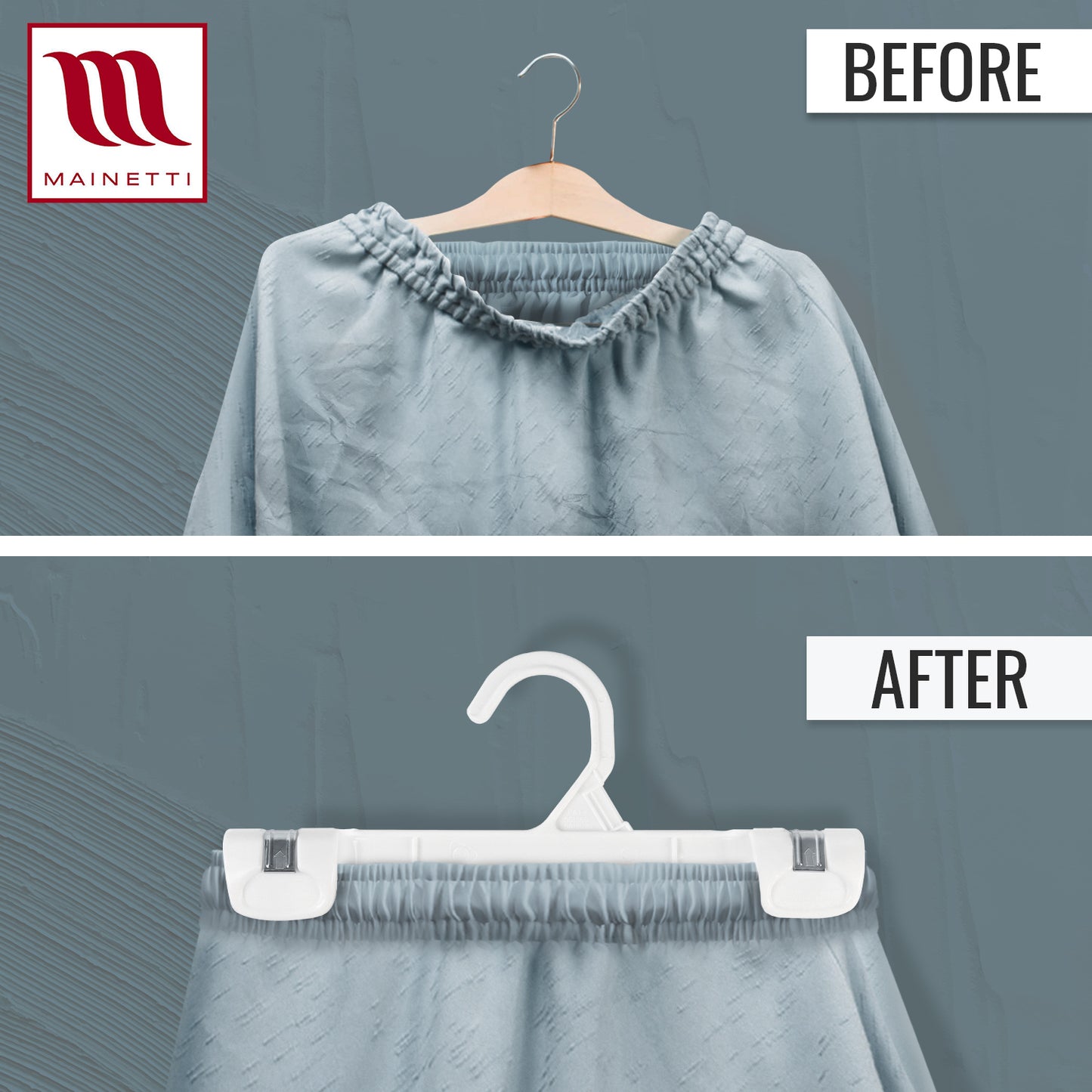 Mainetti 1001, 10" blanc tout en plastique, cintres inférieurs mous pour jupe de pantalon, avec clips antidérapants en plastique robuste