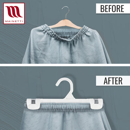 Mainetti 1001, 10" blanc tout en plastique, cintres inférieurs mous pour jupe de pantalon, avec clips antidérapants en plastique robuste