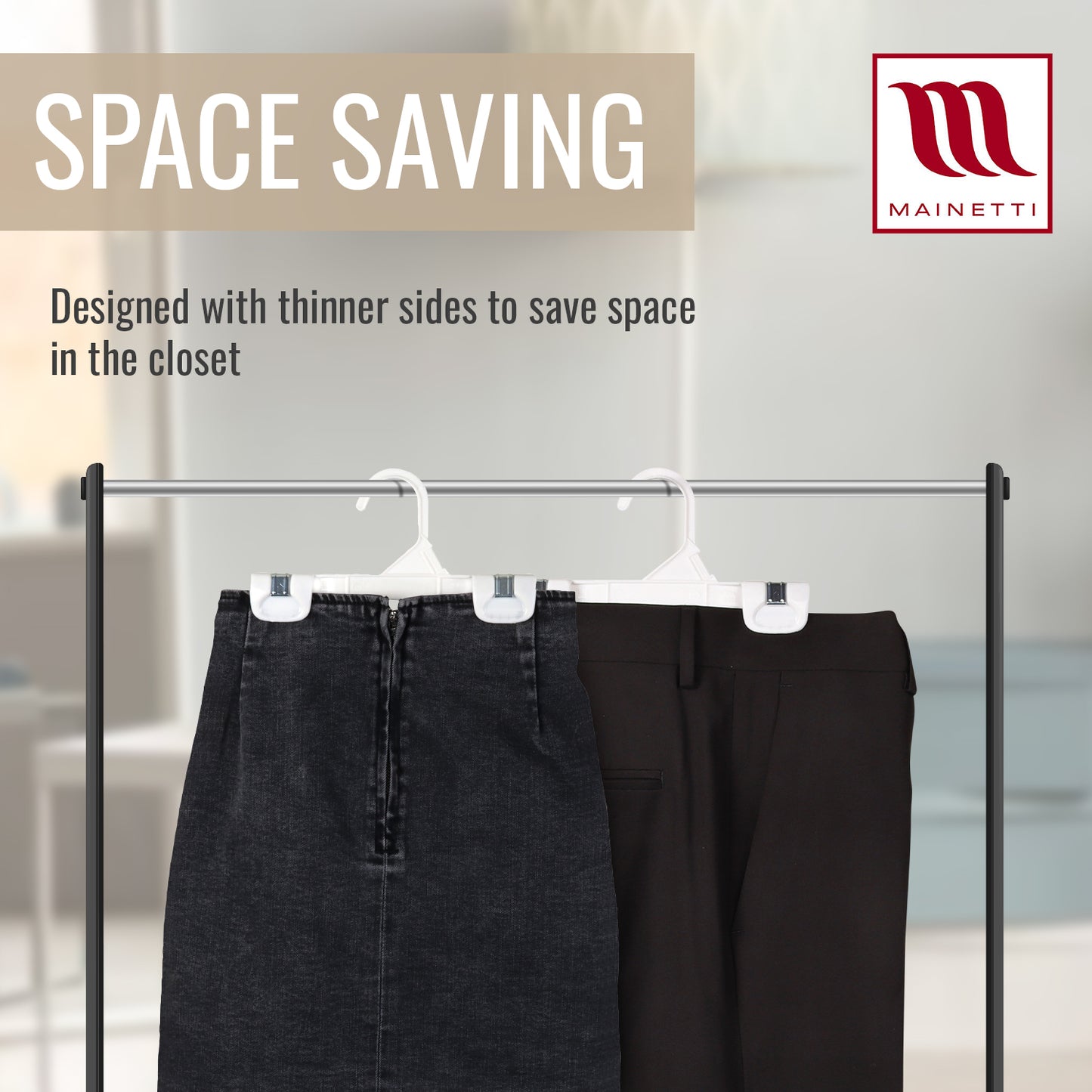 Mainetti 1001, 10" blanc tout en plastique, cintres inférieurs mous pour jupe de pantalon, avec clips antidérapants en plastique robuste