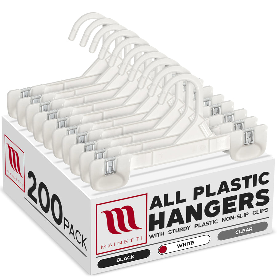 Mainetti 1004, 8" White all Plastic, Pant Skirt Slack Bottom Hangers, with sturdy plastic non-slip clips