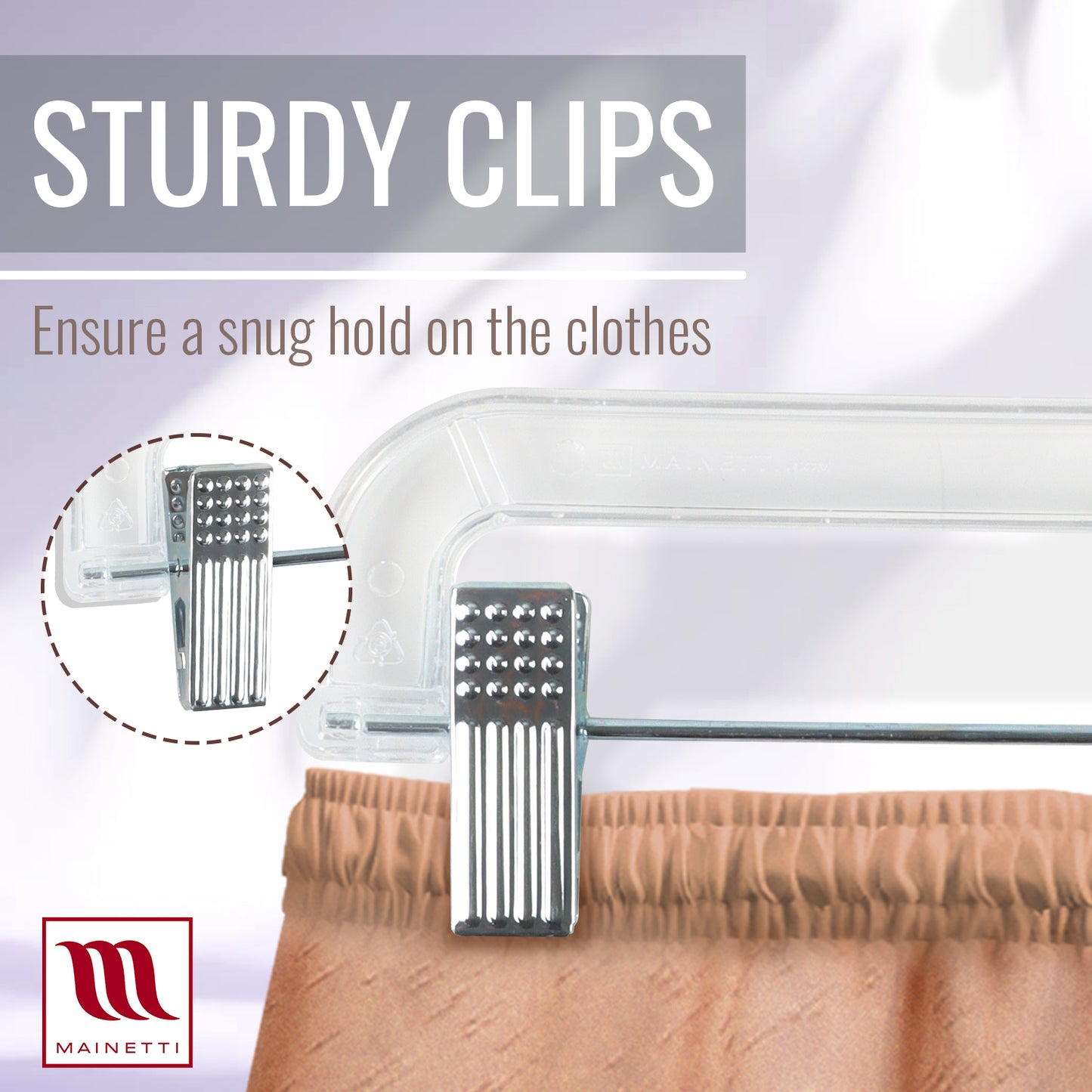 Perchas Mainetti 5131 de plástico transparente de 14" para pantalones, faldas y pantalones holgados, con gancho giratorio de 360 ​​grados y clips acolchados antideslizantes de metal resistentes.