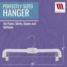 14" Clear Plastic Pant/Skirt Hangers, Swivel Metal Hook, Non-Slip Padded Metal Clips (Mainetti 5131)