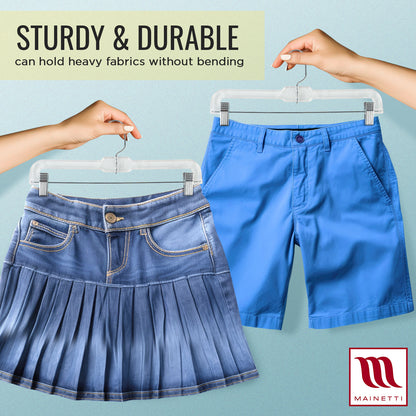Perchas Mainetti 5131 de plástico transparente de 14" para pantalones, faldas y pantalones holgados, con gancho giratorio de 360 ​​grados y clips acolchados antideslizantes de metal resistentes.