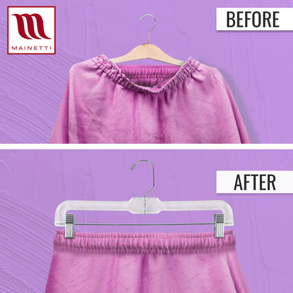 Perchas Mainetti 5131 de plástico transparente de 14" para pantalones, faldas y pantalones holgados, con gancho giratorio de 360 ​​grados y clips acolchados antideslizantes de metal resistentes.