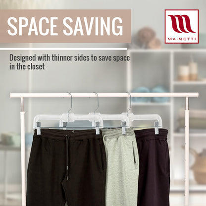 Perchas Mainetti 5131 de plástico transparente de 14" para pantalones, faldas y pantalones holgados, con gancho giratorio de 360 ​​grados y clips acolchados antideslizantes de metal resistentes.