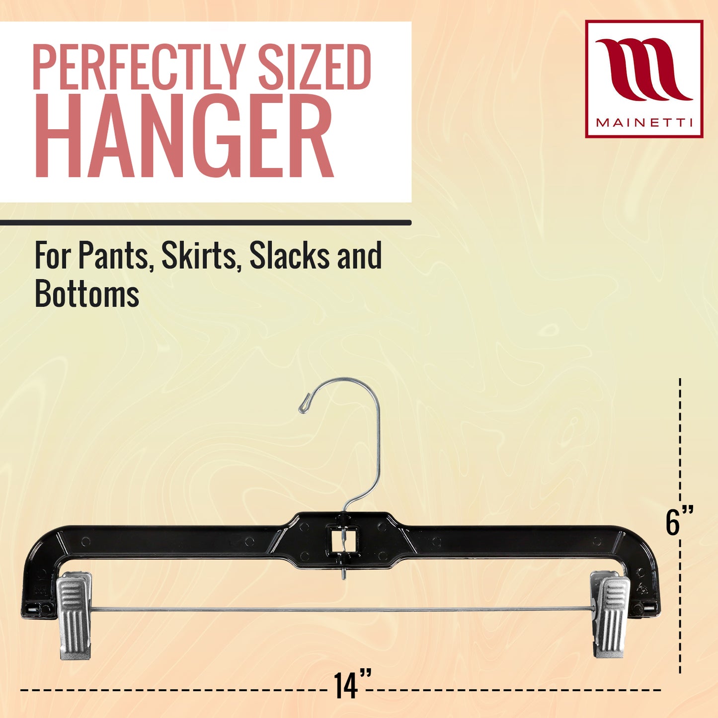 14" Pant/Skirt Bottom Hangers with 360° Swivel Metal Hook & Sturdy Metal Non-Slip Padded Clips Black Plastic (Mainetti 5131)