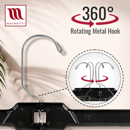 14" Pant/Skirt Bottom Hangers with 360° Swivel Metal Hook & Sturdy Metal Non-Slip Padded Clips Black Plastic (Mainetti 5131)