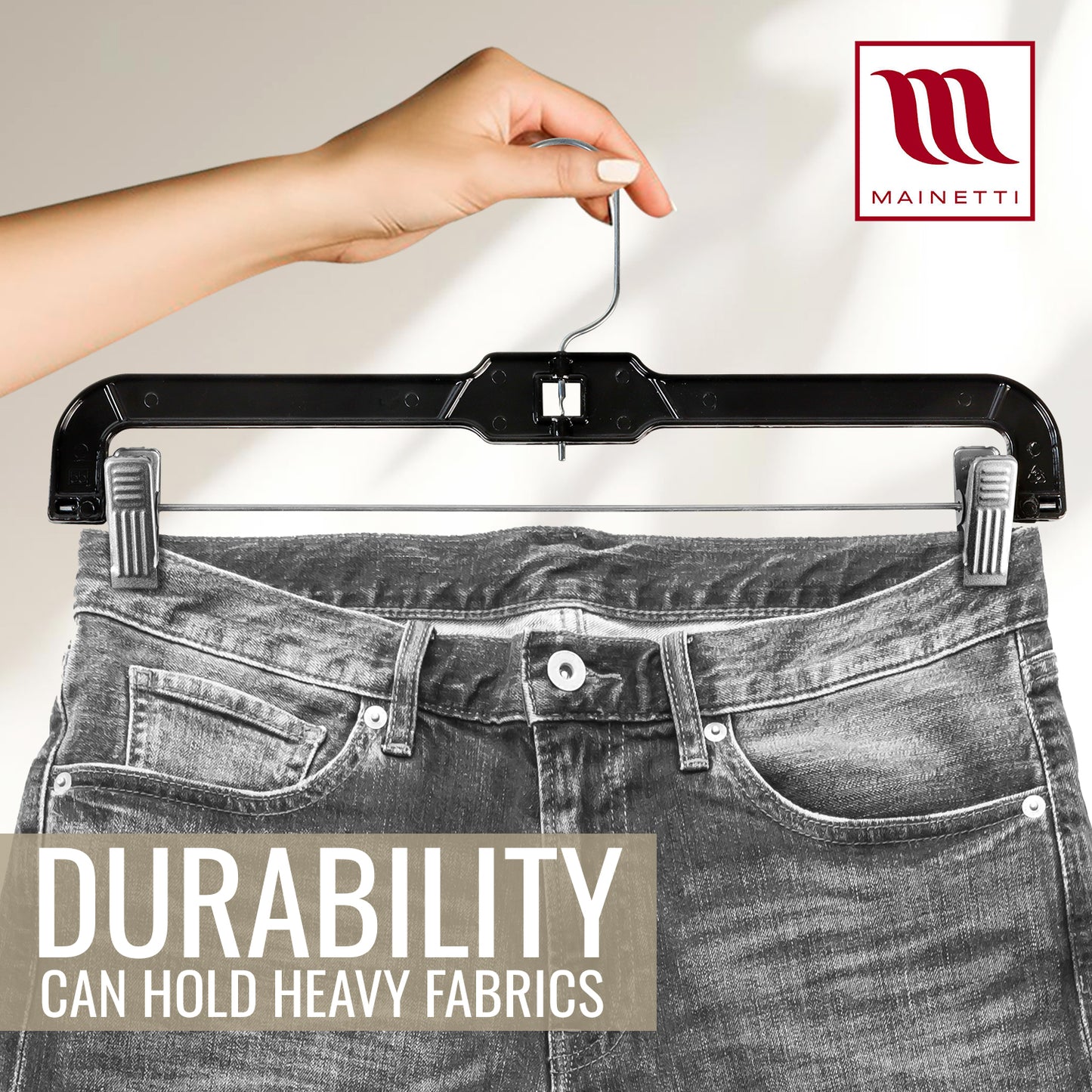 14" Pant/Skirt Bottom Hangers with 360° Swivel Metal Hook & Sturdy Metal Non-Slip Padded Clips Black Plastic (Mainetti 5131)