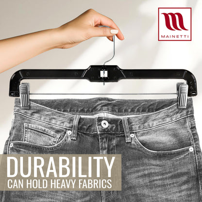 14" Pant/Skirt Bottom Hangers with 360° Swivel Metal Hook & Sturdy Metal Non-Slip Padded Clips Black Plastic (Mainetti 5131)