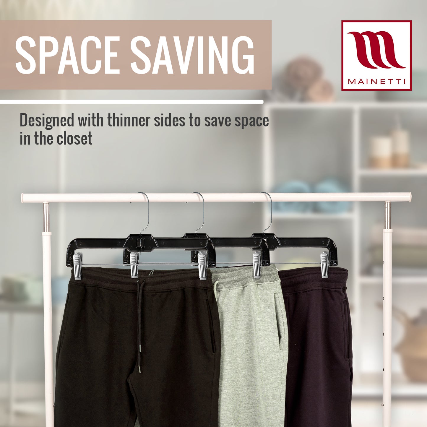 14" Pant/Skirt Bottom Hangers with 360° Swivel Metal Hook & Sturdy Metal Non-Slip Padded Clips Black Plastic (Mainetti 5131)