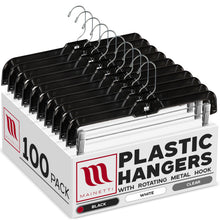 Perchas Mainetti 5131 de plástico negro de 14" para pantalones, faldas y pantalones holgados, con gancho metálico giratorio de 360° y clips metálicos resistentes, acolchados y antideslizantes.