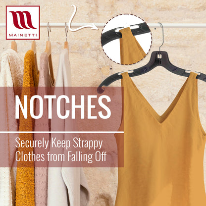 17" Shirt Top Dress Hangers with 360° Swivel Metal Hook & Notches for Straps Black Plastic (Mainetti 5400)