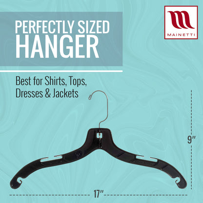 17" Shirt Top Dress Hangers with 360° Swivel Metal Hook & Notches for Straps Black Plastic (Mainetti 5400)