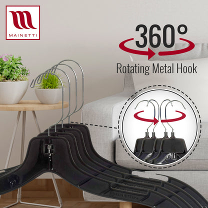 17" Shirt Top Dress Hangers with 360° Swivel Metal Hook & Notches for Straps Black Plastic (Mainetti 5400)