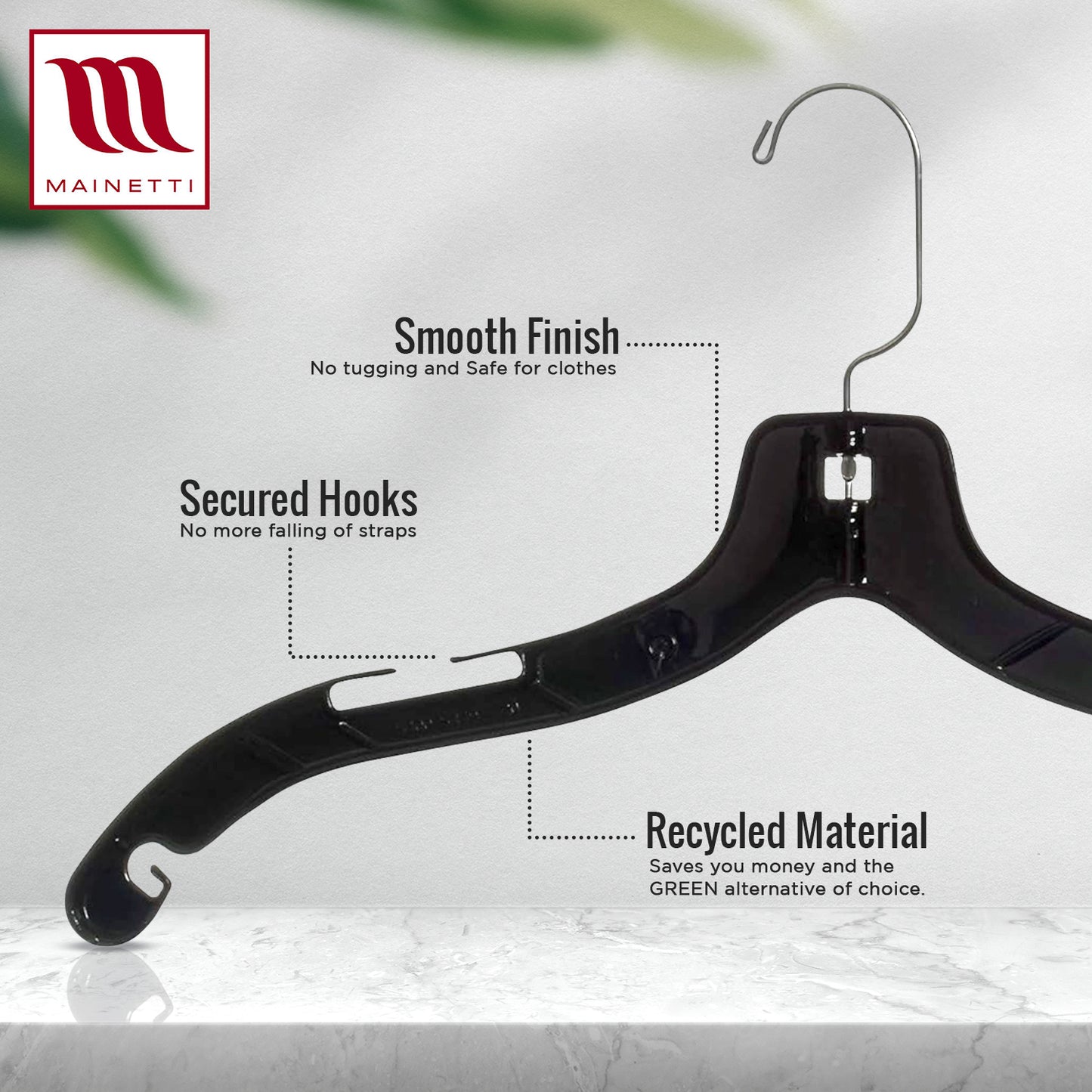 17" Shirt Top Dress Hangers with 360° Swivel Metal Hook & Notches for Straps Black Plastic (Mainetti 5400)