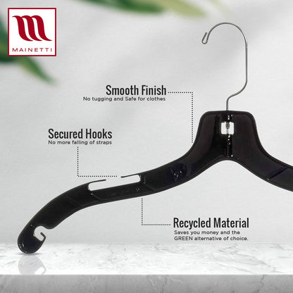 17" Shirt Top Dress Hangers with 360° Swivel Metal Hook & Notches for Straps Black Plastic (Mainetti 5400)
