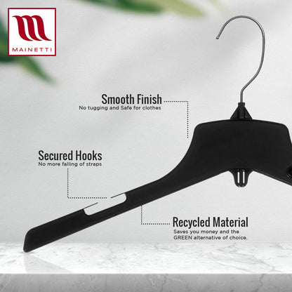 17" Heavy Duty Black Plastic, Jacket Coat Outerwear Hangers, with standard turnable metal hook (Mainetti 3328)