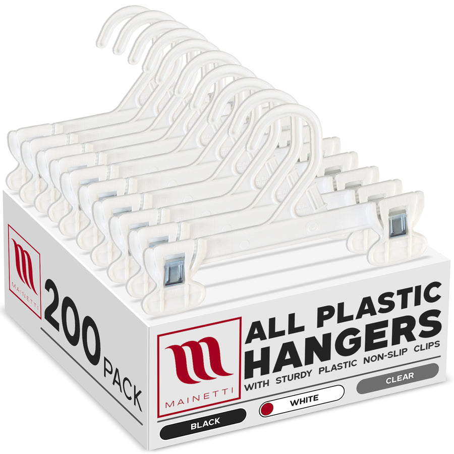Mainetti 6108, 8" White all Plastic, Pant Skirt Slack Bottom Hangers, with sturdy plastic non-slip clips