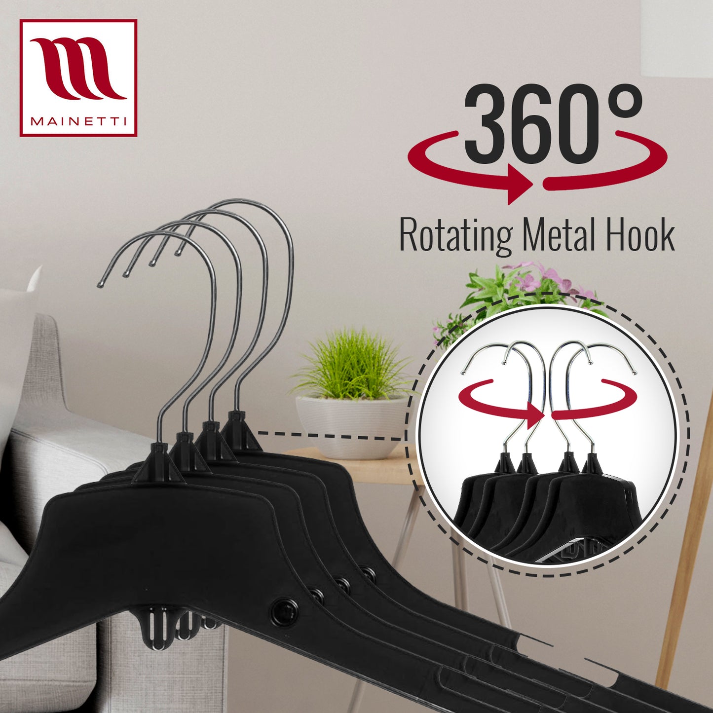 Cintres pour vestes/manteaux de 17 po avec crochet métallique pivotant standard, en plastique noir robuste (Mainetti 3328)