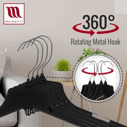 Cintres pour vestes/manteaux de 17 po avec crochet métallique pivotant standard, en plastique noir robuste (Mainetti 3328)
