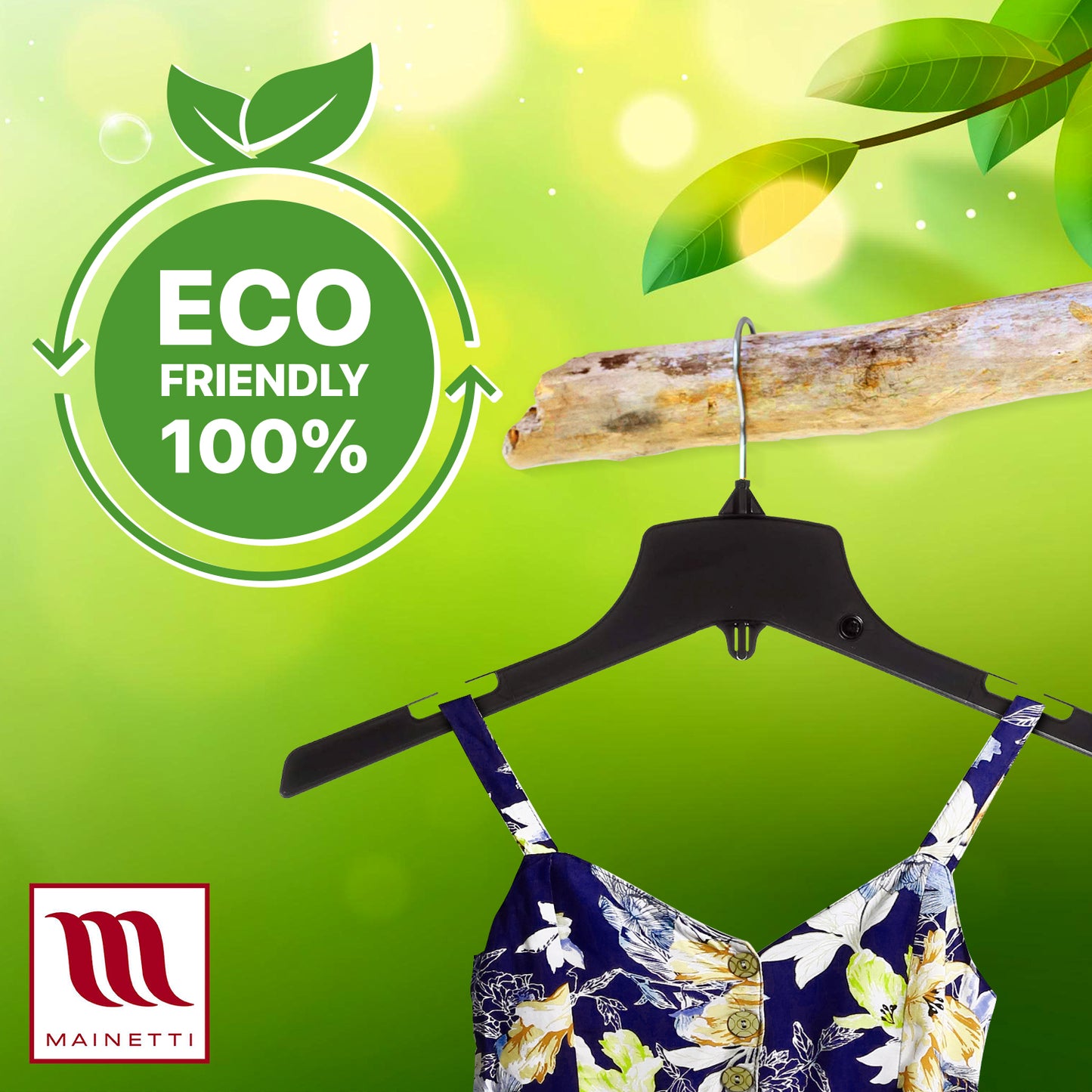 Cintres pour vestes/manteaux de 17 po avec crochet métallique pivotant standard, en plastique noir robuste (Mainetti 3328)