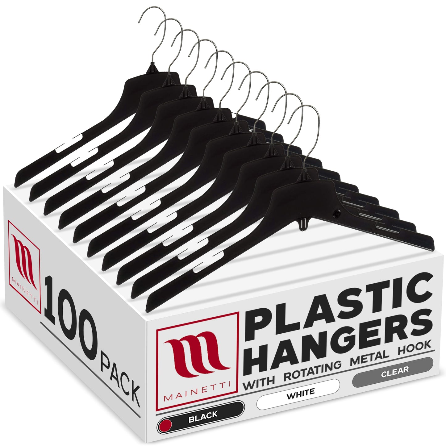 Cintres pour vestes/manteaux de 17 po avec crochet métallique pivotant standard, en plastique noir robuste (Mainetti 3328)