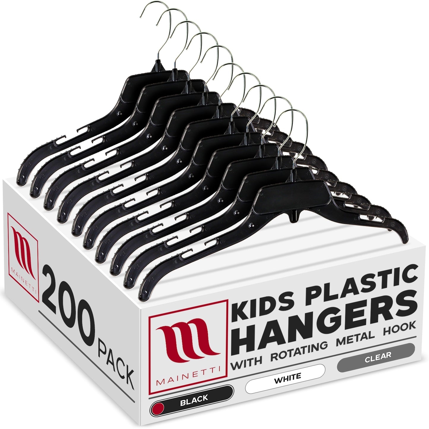 Perchas Mainetti 485 de plástico negro de 15" para camisas y vestidos, con gancho metálico giratorio y muescas para correas.