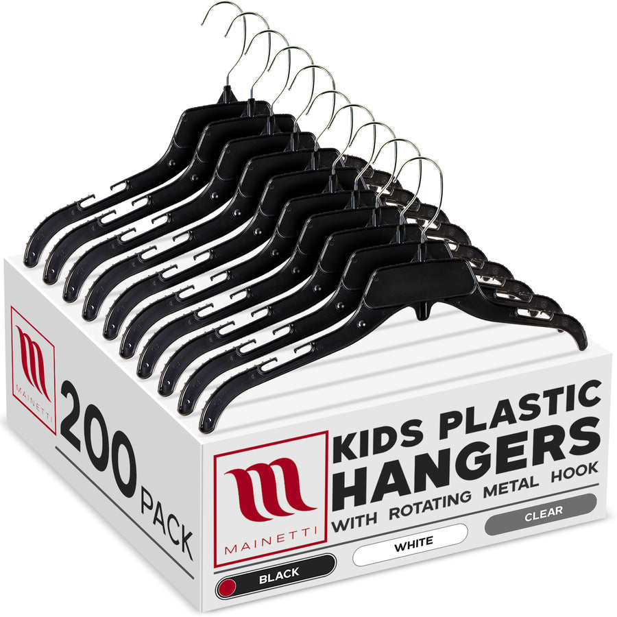 Mainetti 485, 15" Black Plastic, Shirt Top Dress Hangers, with turnable metal hook and notches for straps