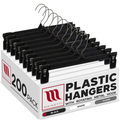 Cintres à Pantalons/Jupes de 30,5 cm avec Crochet Métallique Pivotant et Pinces Antidérapantes Robustes en Plastique Noir (Mainetti 6012)