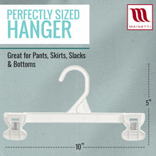 Perchas Mainetti 6110 de 10" de plástico blanco para pantalones, faldas y pantalones holgados, con pinzas antideslizantes de plástico resistente.
