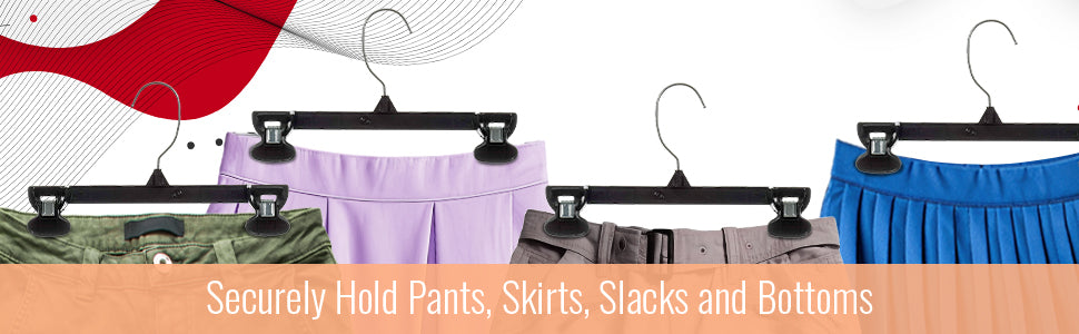 Perchas Mainetti 6010 de plástico negro de 10" para pantalones, faldas y pantalones holgados, con gancho metálico giratorio y pinzas antideslizantes de plástico resistente.