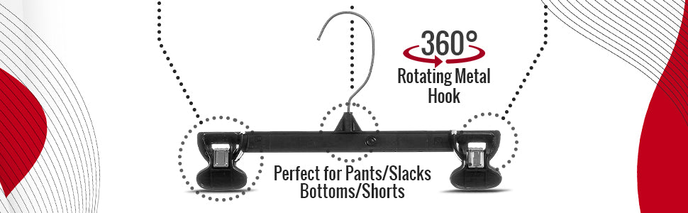 Perchas Mainetti 6010 de plástico negro de 10" para pantalones, faldas y pantalones holgados, con gancho metálico giratorio y pinzas antideslizantes de plástico resistente.