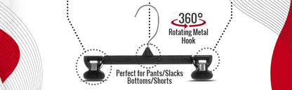 Perchas Mainetti 6010 de plástico negro de 10" para pantalones, faldas y pantalones holgados, con gancho metálico giratorio y pinzas antideslizantes de plástico resistente.