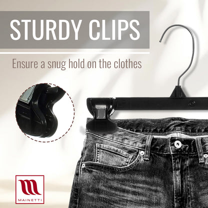 Mainetti 6010, 10" en plastique noir, cintres inférieurs mous pour jupe de pantalon, avec crochet en métal rotatif, clips antidérapants en plastique robuste