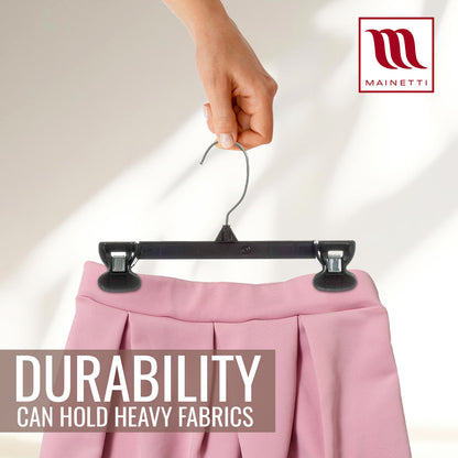 Mainetti 6010, 10" en plastique noir, cintres inférieurs mous pour jupe de pantalon, avec crochet en métal rotatif, clips antidérapants en plastique robuste