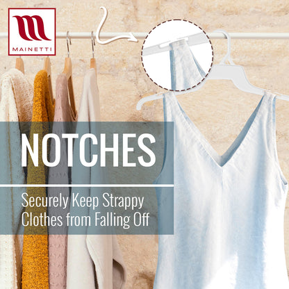 16" Shirt Top Dress Hangers with Notches for Straps White All Plastic (Mainetti 340)
