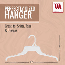 Perchas Mainetti 340 de 16" de plástico blanco para camisas y vestidos, con muescas para correas