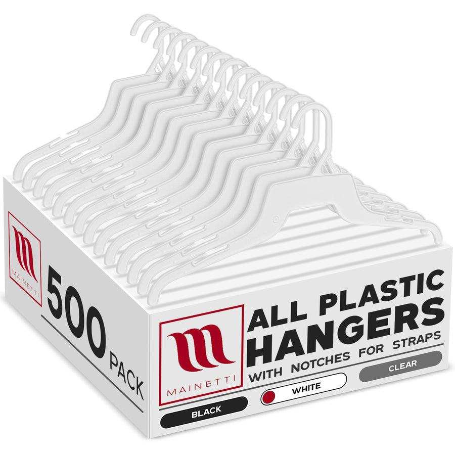 Mainetti 340, 16" White all Plastic, Shirt Top Dress Hangers, with notches for straps