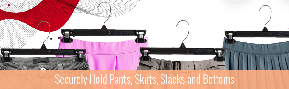 12" Black Plastic Pant/Skirt Slack-Bottom Hangers With Turnable Metal Hook, Sturdy Padded Non-Slip Plastic Clips (Mainetti 6212)