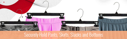 12" Black Plastic Pant/Skirt Slack-Bottom Hangers With Turnable Metal Hook, Sturdy Padded Non-Slip Plastic Clips (Mainetti 6212)