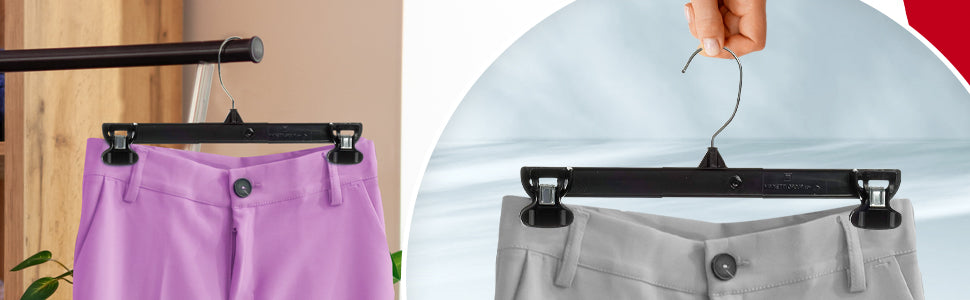 12" Black Plastic Pant/Skirt Slack-Bottom Hangers With Turnable Metal Hook, Sturdy Padded Non-Slip Plastic Clips (Mainetti 6212)