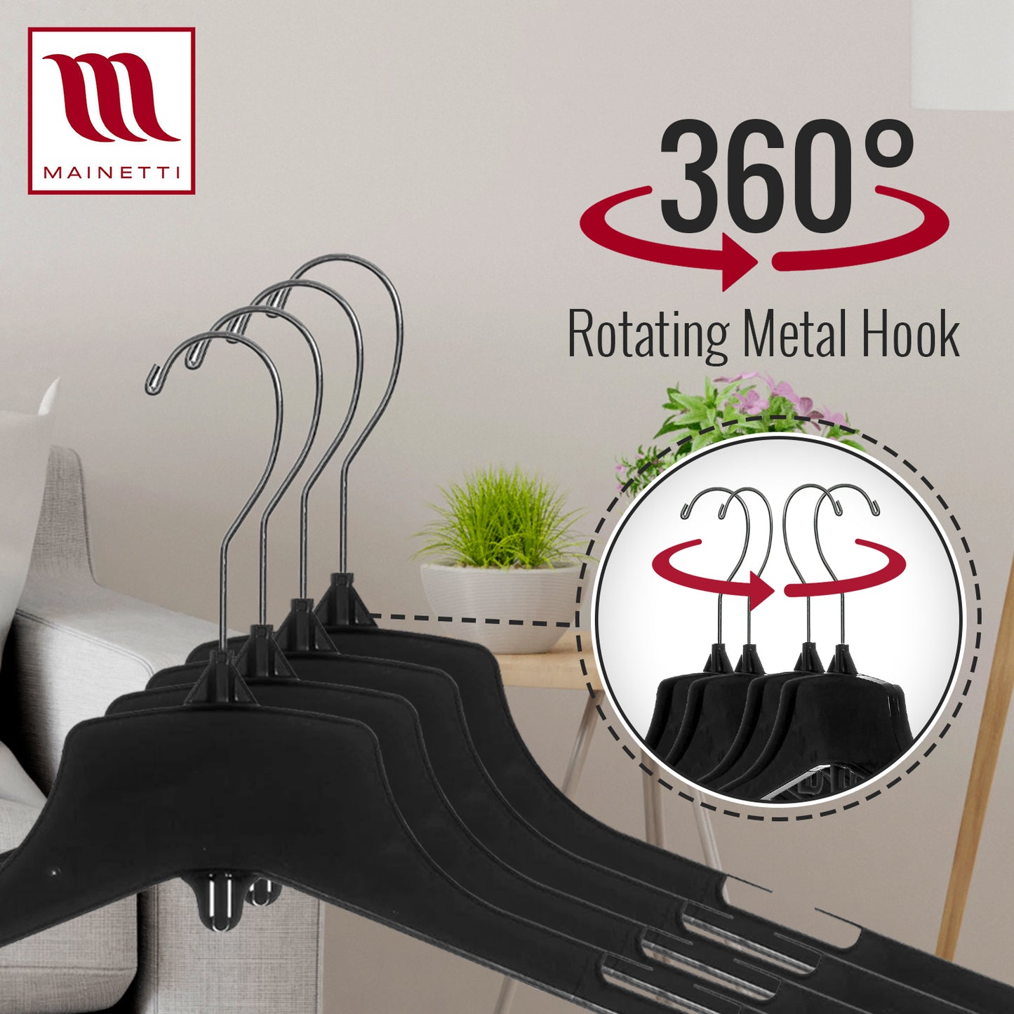 Cintres robustes en plastique noir de 17", pour vestes, manteaux et vêtements d'extérieur, avec long crochet métallique pivotant (Mainetti 3329)