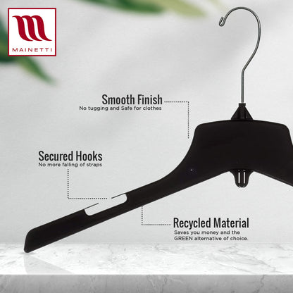 Cintres robustes en plastique noir de 17", pour vestes, manteaux et vêtements d'extérieur, avec long crochet métallique pivotant (Mainetti 3329)