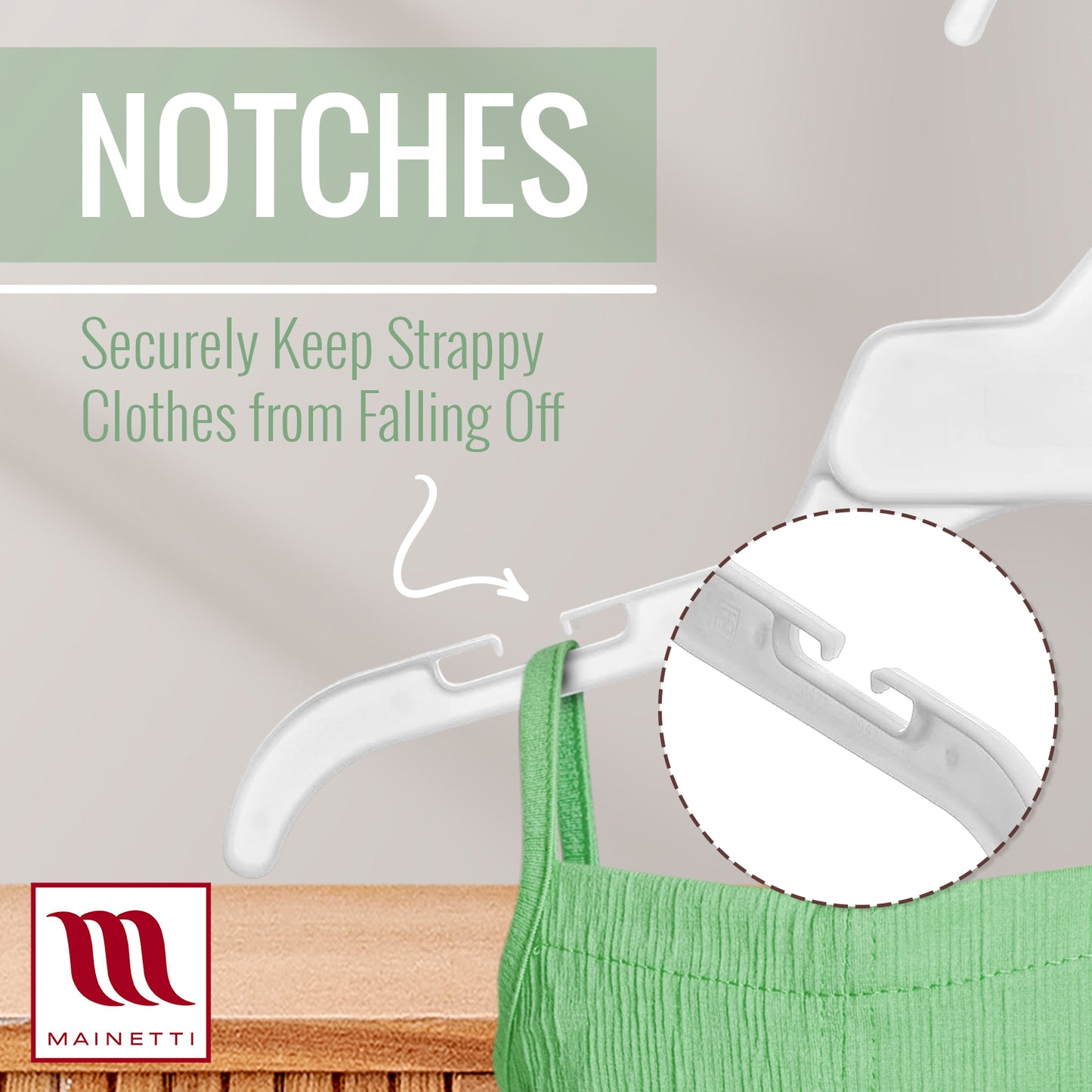 Mainetti 472, 15" blanc tout en plastique, cintres pour chemises, avec encoches pour sangles