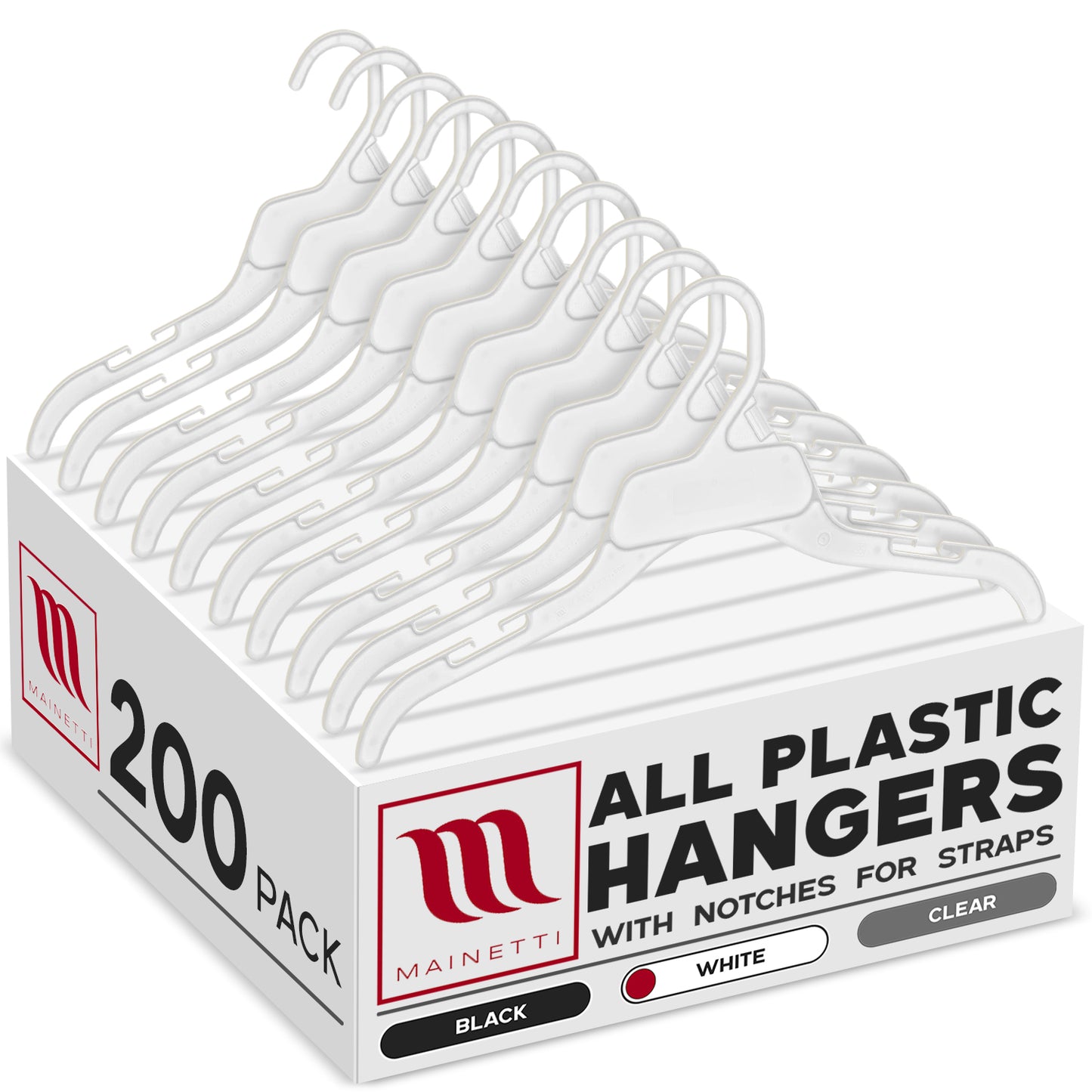 Mainetti 472, 15" blanc tout en plastique, cintres pour chemises, avec encoches pour sangles