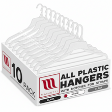 Perchas Mainetti 491 de 19" de plástico blanco para camisas y vestidos, con muescas para correas